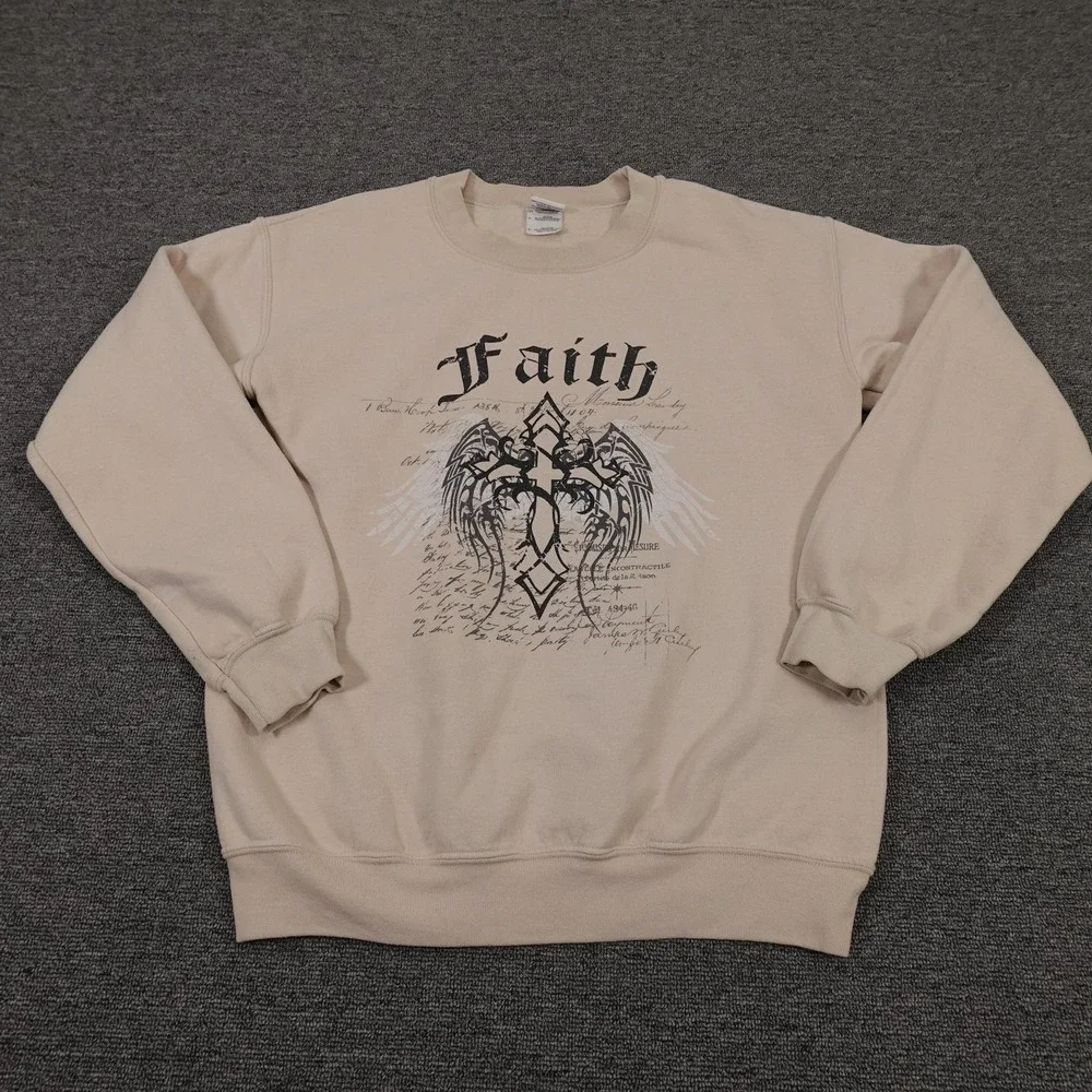 Gildan Sweatshirt Mens Small Beige Faith Cross‎ Wings Graphic Fleece Pullover